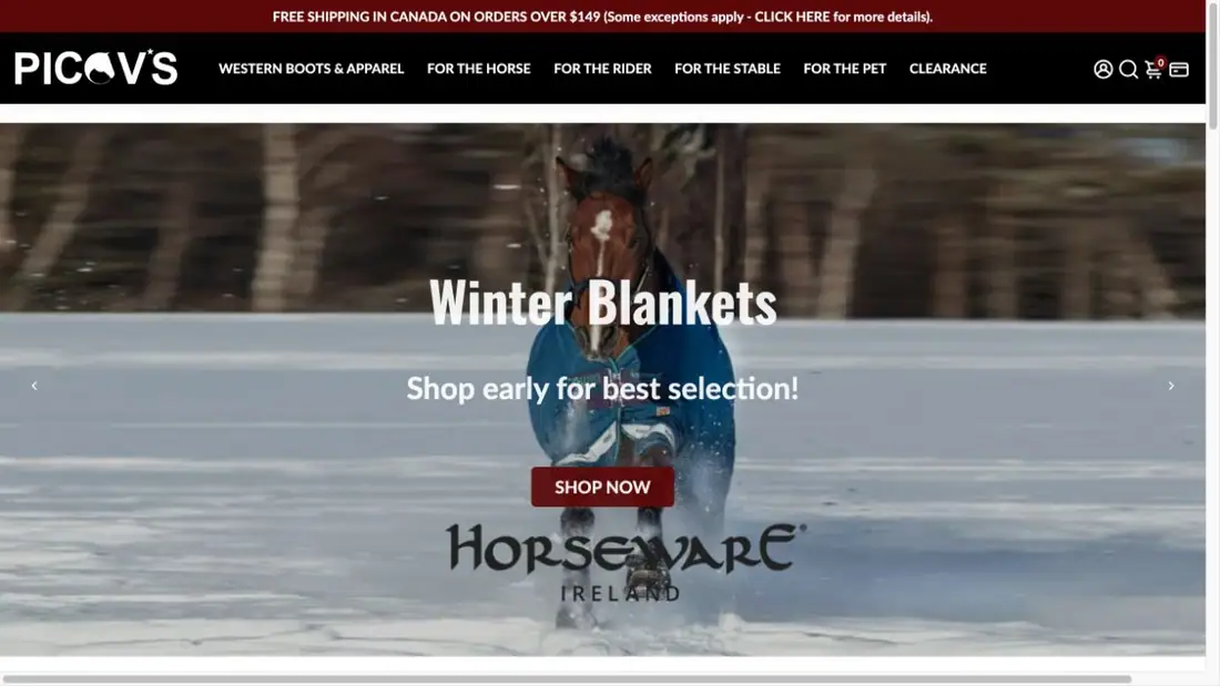 Picov's Saddlery website homepage preview