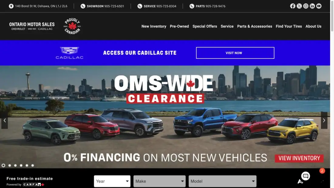 Ontario Motor Sales Chevrolet Cadillac website homepage preview
