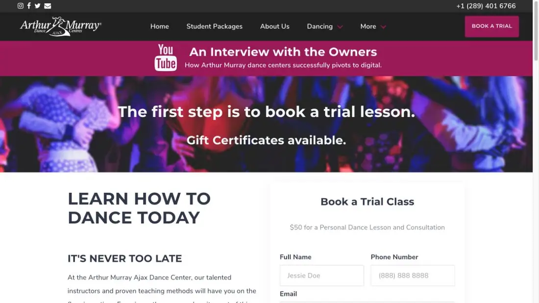 Arthur Murray Dance Centres Ajax website homepage preview