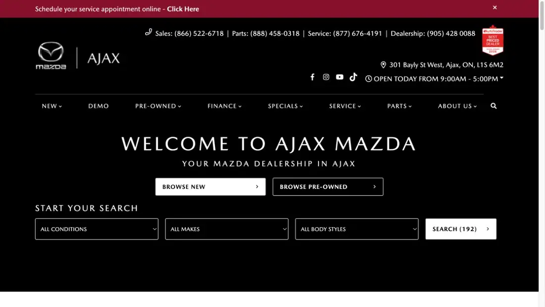 Ajax Mazda website homepage preview